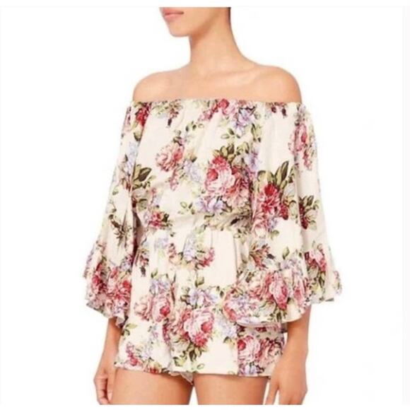 LPA Romper Multicolor Floral Linen Blend Off The Shoulder Casual Sz Small - Picture 1 of 12